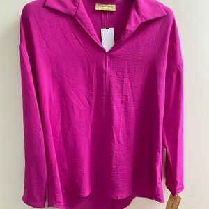 NWT Women's Fuchsia Long-Sleeve Collared Blouse